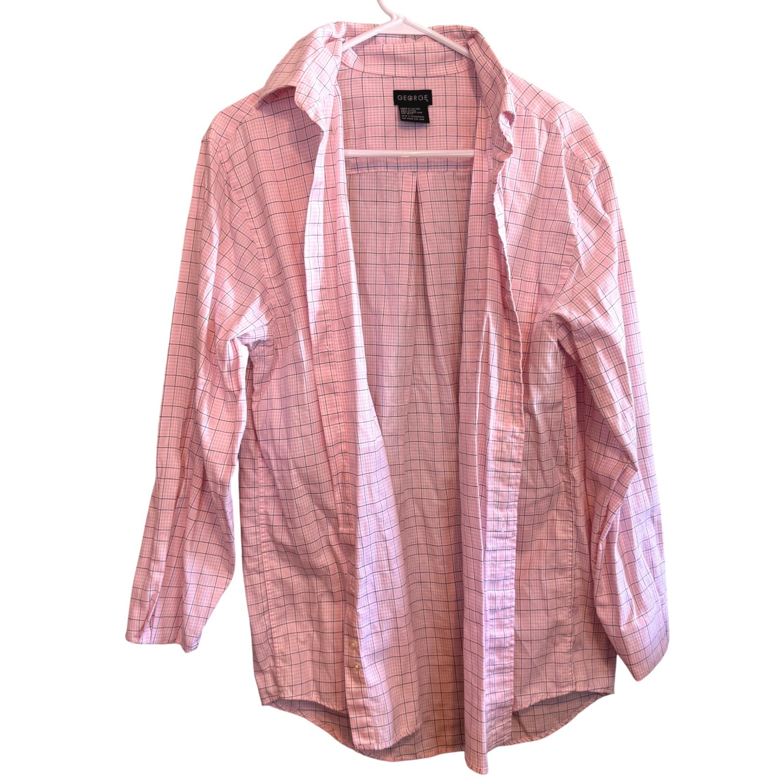 George Mens Pink Grid Check Button Down 100% Cotton Size M 38/40 Long Sleeve